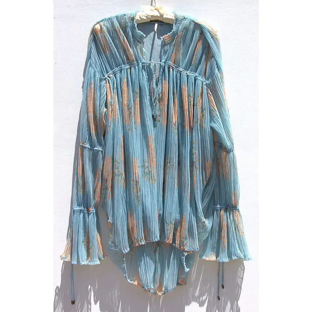 Free People Dahlia Tunic Dress Top – Blue Sheer Floral – Long Sleeve – Women’s M